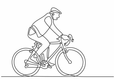 Tek bir çizim tarzında bisiklet süren bir adam. Macera seyahati spor konsepti vektör illüstrasyonu.