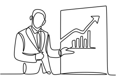 Beyaz arka planda izole edilmiş istatistiksel grafik tahtası önünde sunum yapan tek bir iş adamı kuyruğu. Pazar, iş ve yatırım konsepti vektör illüstrasyonu.
