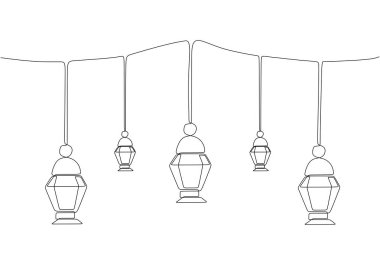 Beyaz arka planda izole edilmiş tek bir çizgi halinde fener asmak. Ramazan kareem konsept vektör çizimi.
