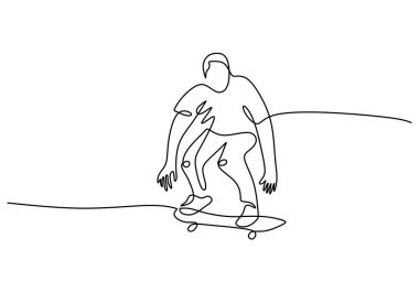 Kaykay yapan ve kaykay yapan genç kaykaycının sürekli çizdiği tek çizgi. Açık hava sporu konsepti alıştırması..