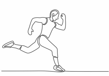 Tek bir çizim tarzında hızlı koşan bir sporcu. Macera seyahati spor konsepti vektör illüstrasyonu.