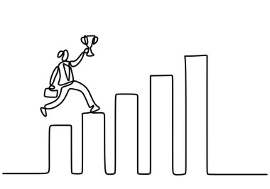Sürekli tek bir iş adamı çizgisi beyaz arka planda izole bir şekilde büyüyen grafiğe ödül atlaması getiriyor. Pazar ve yatırım konsepti vektör illüstrasyonu.