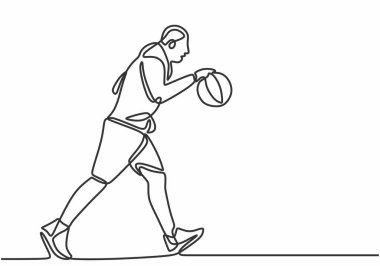 Erkek sporcu tek bir çizim tarzında basketbol oynar. Top sporu konsepti vektör illüstrasyonu.