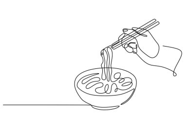 Ramen ya da ramyeon ile el ele tutuşan çubuk beyaz arka planda izole edilmiş tek bir sıra halinde. Kasede Asya eriştesi var. Ramen tek çizgi sanat çizimi vektör illüstrasyonu.