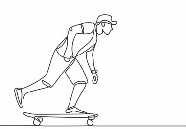 Genç adam sürekli tek bir çizgili çizim tarzında kaykaya biniyor. Macera seyahati spor konsepti vektör illüstrasyonu.