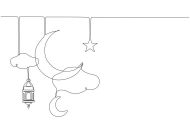 Hilal ay, yıldız, bulut ve fener elementleri beyaz arka planda izole edilmiş tek bir çizim tarzında asılı duruyor. Ramazan kareem konsept vektör çizimi.