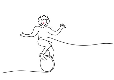 Palyaço tek tekerlekli bisiklete biner. Tek sıra çizerek beyaz arka planda izole bir şekilde çizer..