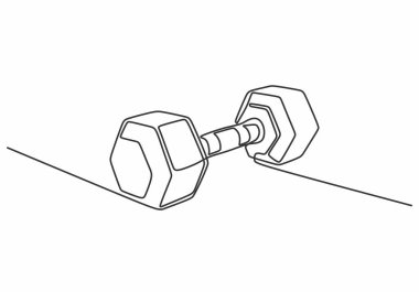 Aralıksız tek bir çizim tarzında Barbel. Spor salonu konsepti vektör illüstrasyonu.