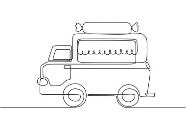 Tek sıra halinde yemek kamyonları. Tekerlekli restoran. Sokak yemeği satışı için minibüsler. Araba konsepti. Aralıksız çizgi çizimi tasarım grafik vektör çizimi.