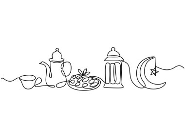 Beyaz arkaplanda izole edilmiş tek bir çizim tarzında iftar için hızlı kırma çanağı. Ramazan kareem konsept vektör çizimi.