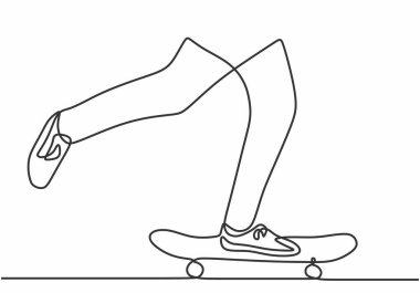 Beyaz arkaplanda izole edilmiş tek bir çizim tarzında kaykay üzerinde pantolon ile bacak..