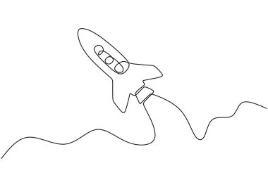 Aralıksız uçan uzay aracı çizimleri. Roket uzay gemisi evren konseptine atıldı. Vektör illüstrasyonu minimalist tasarım el çizimi.