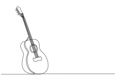 Gitar aralıksız çizgi çiziyor. Müzik aleti konsepti. Vektör illüstrasyonu minimalist tasarım el çizimi.
