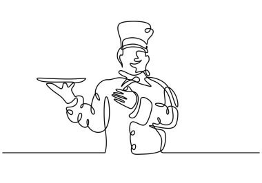 İtalyan Heff sürekli çizim yaparak mutfakta yemek hazırlıyor. Vektör illüstrasyonu minimalist tasarım el çizimi.