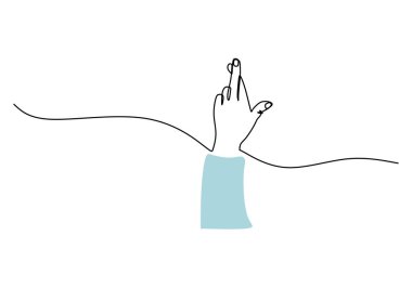 Çapraz parmak sürekli çizgi çizimi. El hareketi konsepti. Beyaz arkaplana izole edilmiş vektör illüstrasyon minimalist tasarım eli.