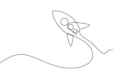 Aralıksız uçan uzay aracı çizimleri. Roket uzay gemisi evren konseptine atıldı. Vektör illüstrasyonu minimalist tasarım el çizimi.