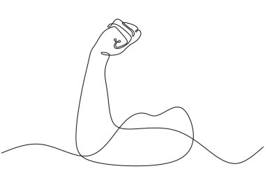 Kol, pazı yumruğunu sürekli çizgi çizerken gösteriyor. Fitness ve beden eğitimi konsepti. Vektör illüstrasyonu minimalist tasarım el çizimi.