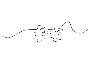 Bulmaca parçaları sürekli çizgi çiziyor. Sorun çözme ve iş metaforu. Fikir, iş, düşünme süreci, yaratıcılık tasarım konsepti için bir satır bulmaca çizimi.