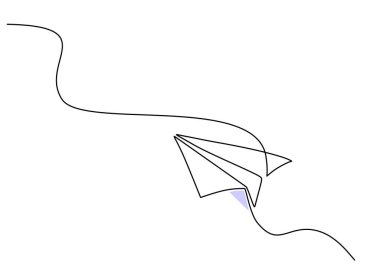 Kağıt uçak aralıksız çizim yapıyor. Soyut karalama e-postası, posta uçağı, seyahat hayali hava konsepti. Vektör illüstrasyonu minimalist tasarım el çizimi.