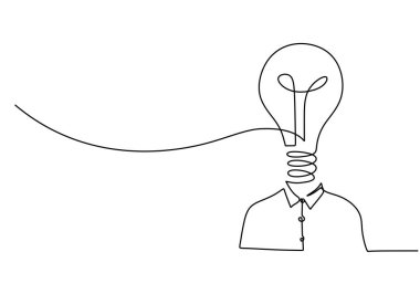 Vücut ve ampul sembolü. Düşünme, fikirler, ilham ve problem çözme kavramı. Vektör illüstrasyonu minimalist tasarım el çizimi.