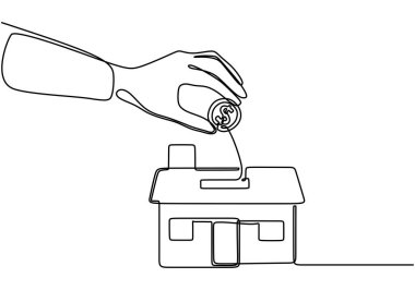 El, para kutusuna sürekli çizim yapan bir dolar koydu. Para tasarrufu, yatırım ve banka konsepti. Vektör illüstrasyonu minimalist tasarım el çizimi.