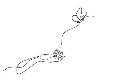 El ve uçan kelebek aralıksız çizgi çiziyor. Hayvan bakımı konsepti. Vektör illüstrasyonu minimalist tasarım el çizimi.