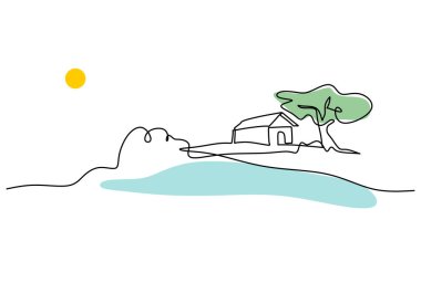 Tepe ve nehir kenarındaki ev sürekli bir çizgi çiziyor. Mülk ve doğa manzarası konsepti. Vektör illüstrasyonu minimalist tasarım el çizimi.