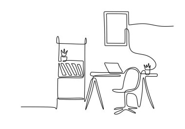 Çalışma alanı sandalye, dizüstü bilgisayar, masa, kitaplık, bitki ve duvar dekorları sürekli çizgi çizimi. Çalışma alanı konsepti. Vektör illüstrasyonu minimalist tasarım el çizimi.
