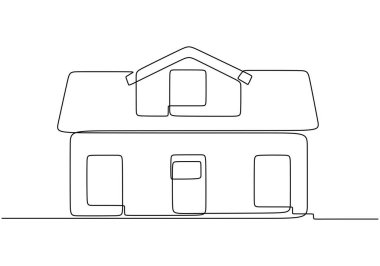 Ev sürekli çizgi çiziyor. Mülk inşaatı ve mimari konsepti. Vektör illüstrasyonu minimalist tasarım el çizimi.