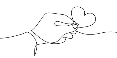 El ele tutuşmak, sevgi sembolü, sürekli çizgi çizmek. Sadaka ve bağış konsepti. Vektör illüstrasyonu minimalist tasarım el çizimi.