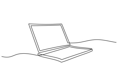 Devamlı çizgi çizim tarzında dizüstü bilgisayar. Çevrimiçi iş fikri. Vektör illüstrasyonu minimalist tasarım el çizimi.