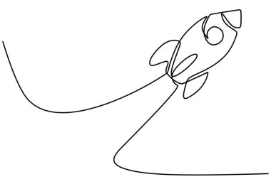 Aralıksız uçan uzay aracı çizimleri. Roket uzay gemisi evren konseptine atıldı. Vektör illüstrasyonu minimalist tasarım el çizimi.