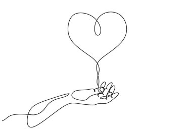 Sevgi sembollü el sürekli çizgi çiziyor. Sadaka ve bağış konsepti. Vektör illüstrasyonu minimalist tasarım el çizimi.