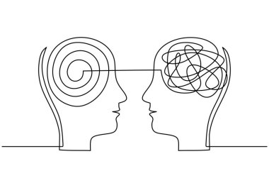 Karşıt düşünce sembolü olan iki kafa. Zihinsel ve psikolojik sorunlar kavramı. Vektör illüstrasyonu minimalist tasarım el çizimi.