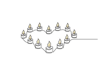 Aşk kalp sembolü şeklinde mumlar sürekli çizgi çizer. Beyaz arkaplana izole edilmiş vektör illüstrasyon minimalist tasarım eli.