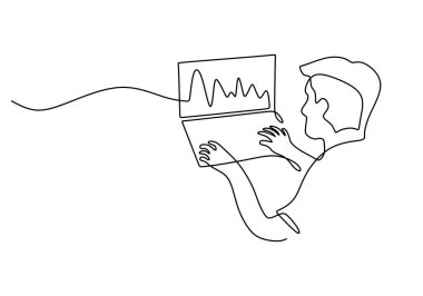 Dizüstü bilgisayarla çalışan adam diyagram, grafik, istatistiksel ya da grafik sürekli çizgi çiziyor. İş ve yatırım konsepti. Vektör illüstrasyonu minimalist tasarım el çizimi.
