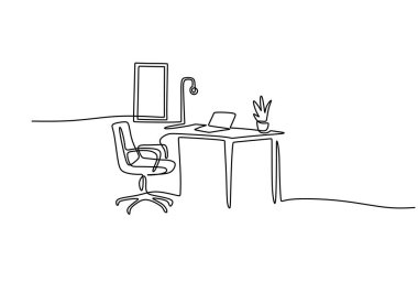 Çalışma alanı sandalye, lamba, dizüstü bilgisayar, masa, bitki ve duvar dekorları sürekli çizgi çizimi. Çalışma alanı konsepti. Vektör illüstrasyonu minimalist tasarım el çizimi.