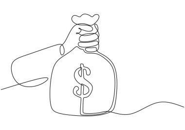El ele tutuşan para çantası sürekli çizgi çizimi. Para tasarrufu, yatırım ve banka konsepti. Vektör illüstrasyonu minimalist tasarım el çizimi.