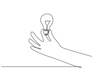 El tutuşu ampul aralıksız çizgi çizimi. İş, fikir ve yaratıcılık kavramı. Vektör illüstrasyonu minimalist tasarım el çizimi.