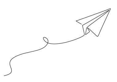 Kağıt uçak aralıksız çizim yapıyor. Soyut karalama e-postası, posta uçağı, seyahat hayali hava konsepti. Vektör illüstrasyonu minimalist tasarım el çizimi.