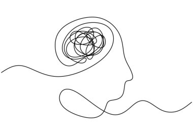 Kafası dağınık düşünceler sürekli çizgi çizmeyi simgeliyor. Sorunlar, stres, üzüntü, depresyon, baş ağrısı ve keder konsepti. Vektör illüstrasyonu minimalist tasarım el çizimi.