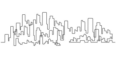 Modern şehir manzarası kesintisiz çizgi çizimi. Metropolis mimari panoramik manzara konsepti. Vektör illüstrasyonu minimalist tasarım el çizimi.