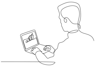 Dizüstü bilgisayarla çalışan adam diyagram, grafik, istatistiksel ya da grafik sürekli çizgi çiziyor. İş ve yatırım konsepti. Vektör illüstrasyonu minimalist tasarım el çizimi.