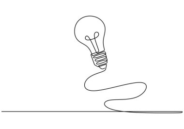 Ampul sürekli çizgi çiziyor. İş, fikir ve yaratıcılık kavramı. Vektör illüstrasyonu minimalist tasarım el çizimi.
