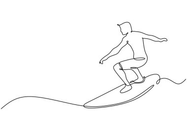 Sahilde sörf tahtası oynayan bir adam sürekli çizgi çiziyor. Spor ve macera konsepti. Vektör illüstrasyonu minimalist tasarım el çizimi.