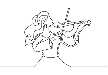 Güzel bir kadın sürekli keman çalıyor. Müzik orkestrası konsepti. Vektör illüstrasyonu minimalist tasarım el çizimi.