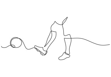 Ayaklar topa vuruyor ve sürekli çizgi çiziyor. Spor ve spor konsepti. Vektör illüstrasyonu minimalist tasarım el çizimi.