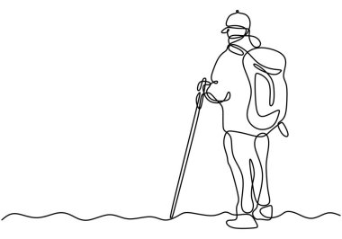 Erkekler dağa tırmanma sporu yaparken sürekli çizgi çizerler. Macera sporu konsepti. Vektör illüstrasyonu minimalist tasarım el çizimi.