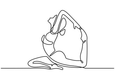Yoga yapan ve sürekli çizim yapan bir kadın. Fitness ve beden eğitimi konsepti. Vektör illüstrasyonu minimalist tasarım el çizimi.