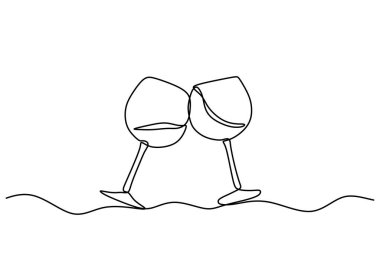 İki kadeh kırmızı şarap, aralıksız çizilen çizgiye kadeh kaldırır. Kutlama ve tezahürat konsepti. Vektör illüstrasyonu minimalist tasarım el çizimi.